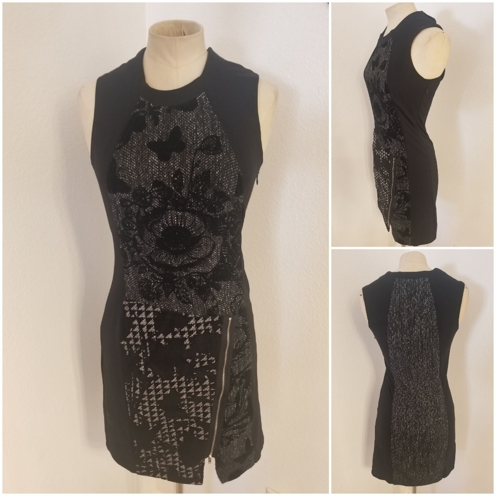 Desigual Dress Sz 36 XS Mixed Patterns Sleeveless Crewneck Asymmetric Zip